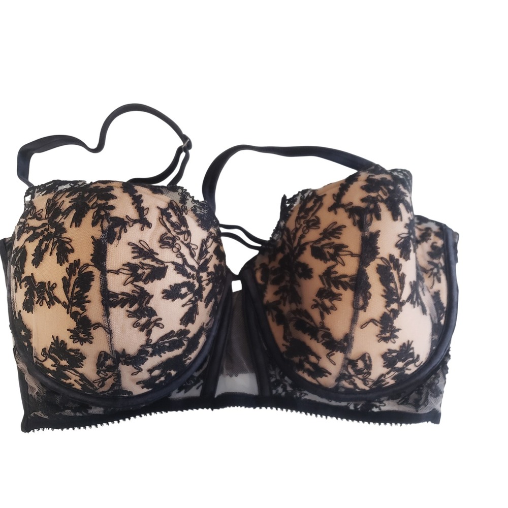 La Perla Lace Balconette Bra Womens 36D Black Nude Floral Embroidered Mesh Italy